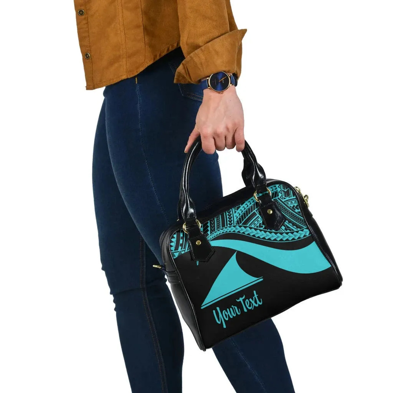 Tokelau Custom Personalised Shoulder Handbag - Turquoise Polynesian Tentacle Tribal Pattern 6