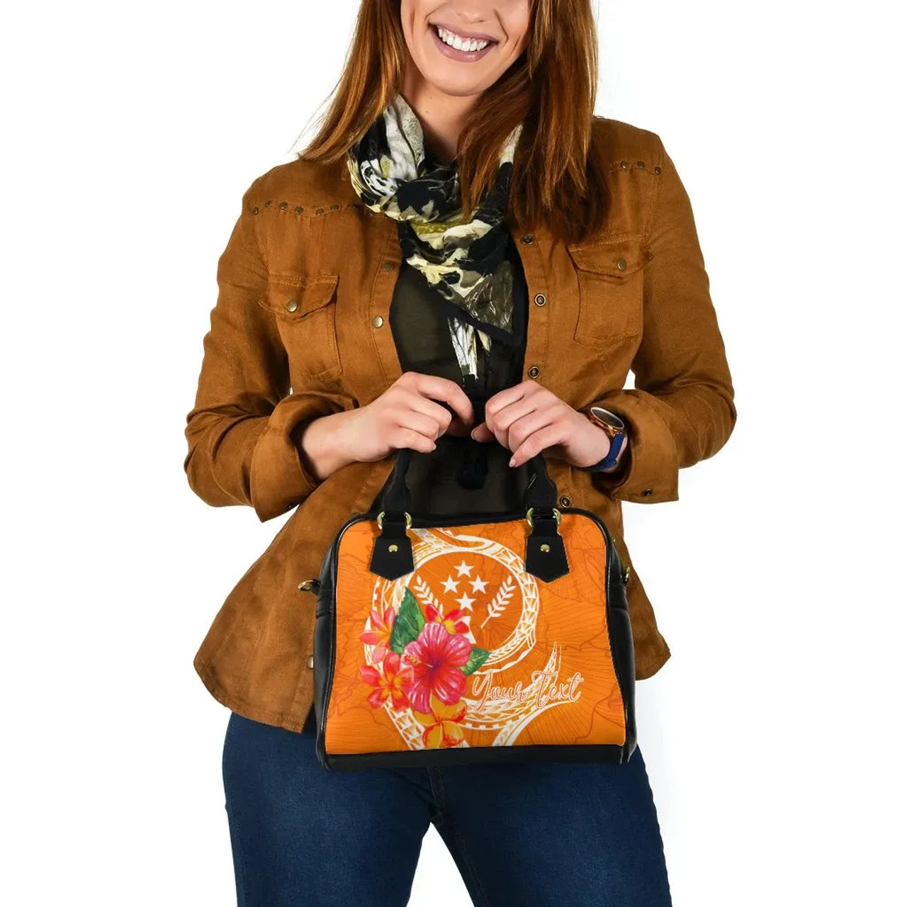Kosrae Polynesian Custom Personalised Shoulder Handbag - Orange Floral With Seal 6