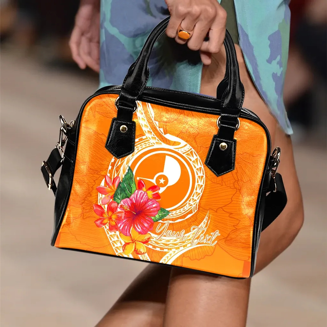 Yap Polynesian Custom Personalised Shoulder Handbag - Orange Floral With Seal 2