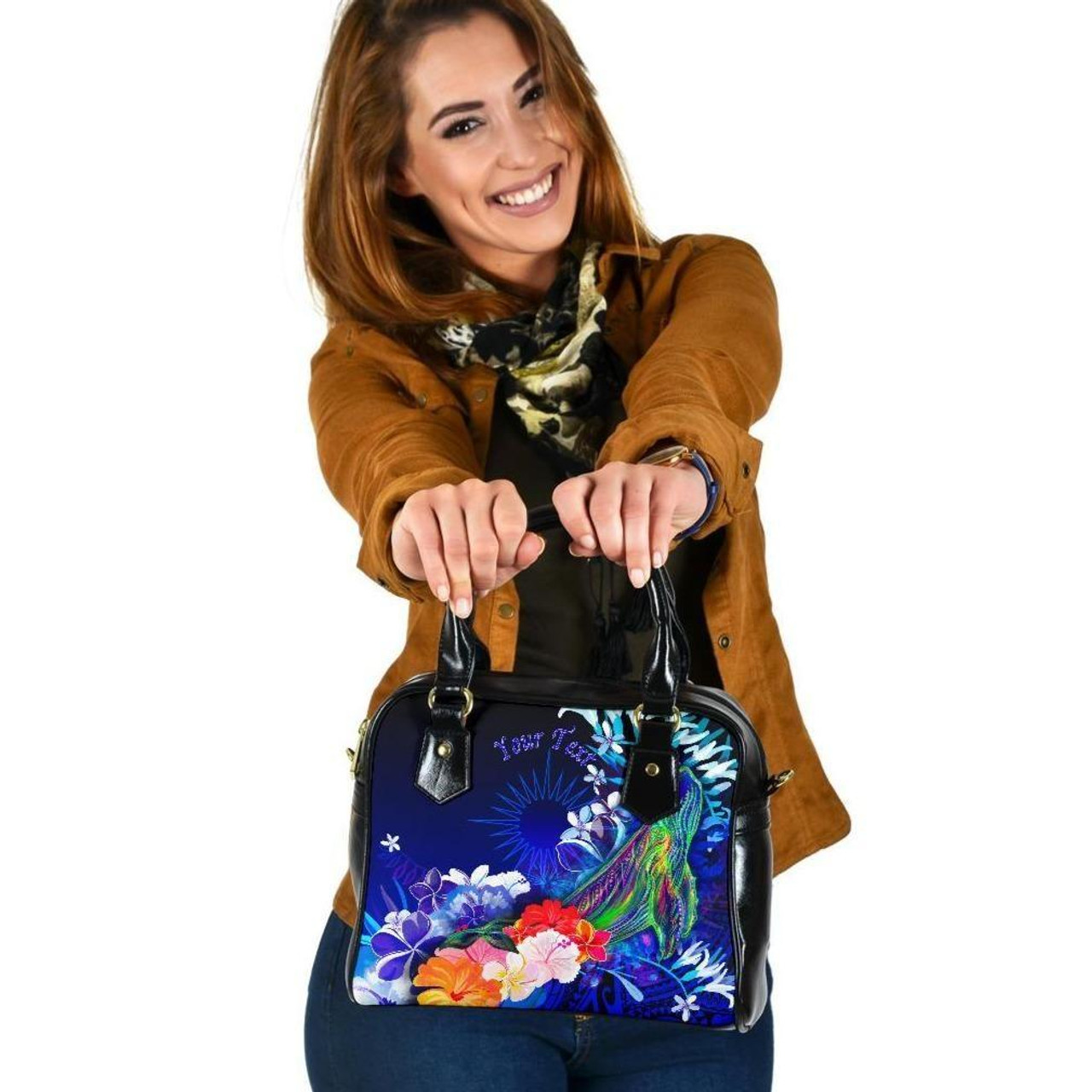 Marshall Islands Custom Personalised Shoulder Handbags - Humpback Whale With Tropical Flowers (Blue) 1