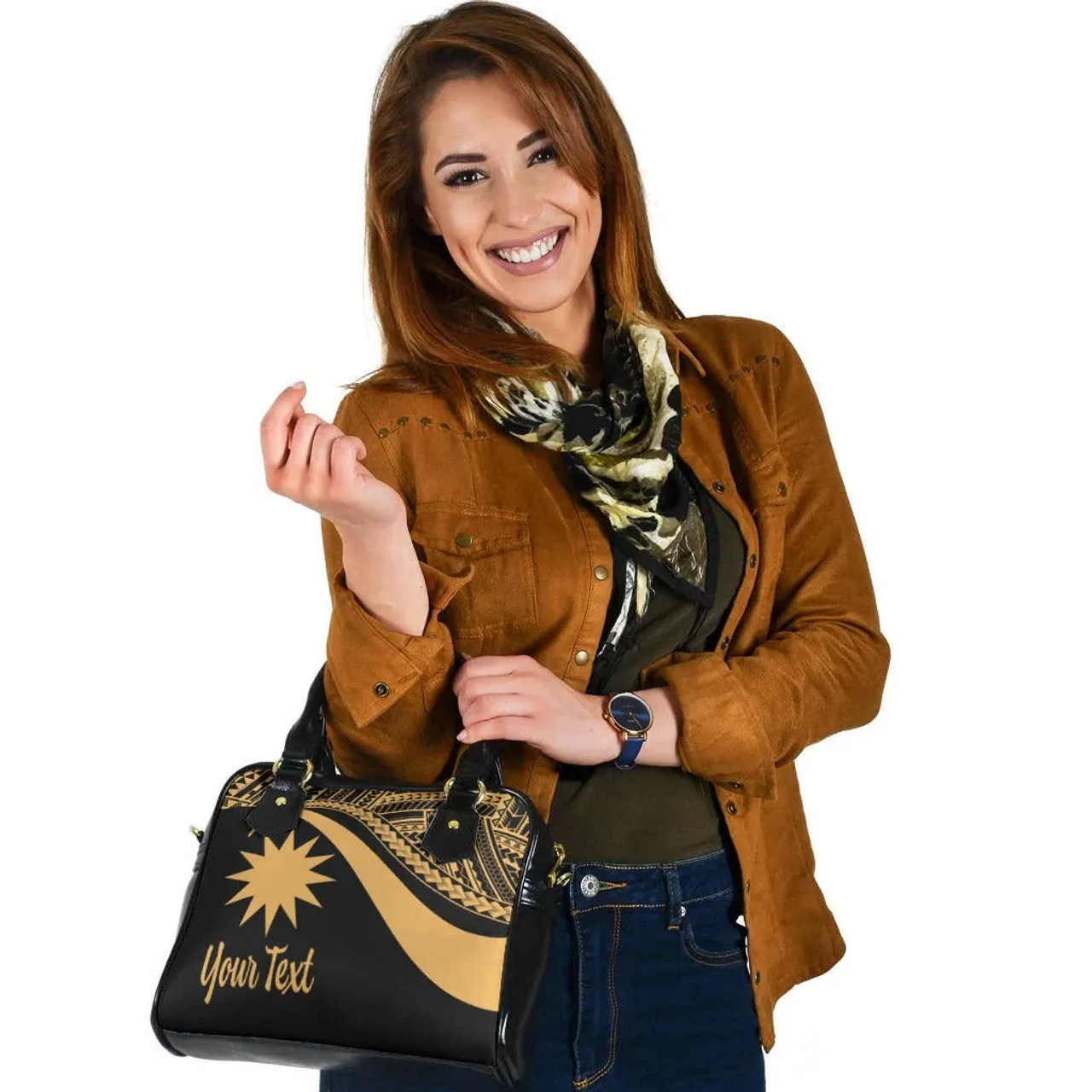 Nauru Custom Personalised Shoulder Handbag - Gold Polynesian Tentacle Tribal Pattern 3