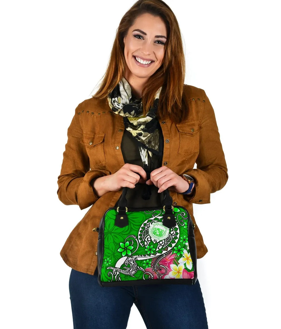 Hawaii Polynesian Shoulder Handbag - Hawaii Seal With Turtle Plumeria (Green) 4