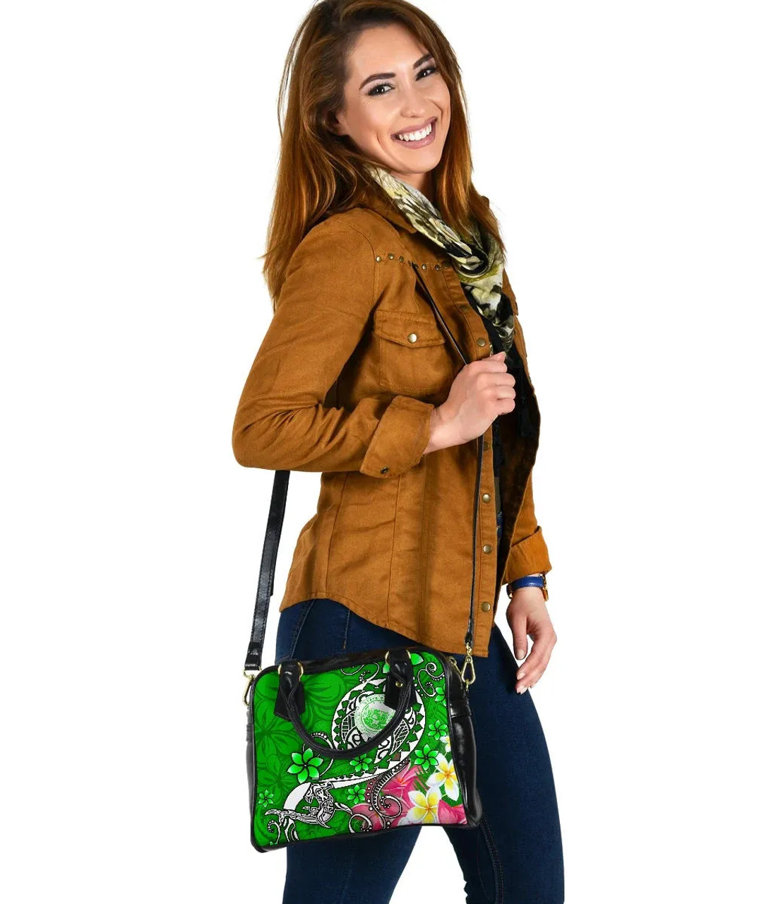 Hawaii Polynesian Shoulder Handbag - Hawaii Seal With Turtle Plumeria (Green) 5