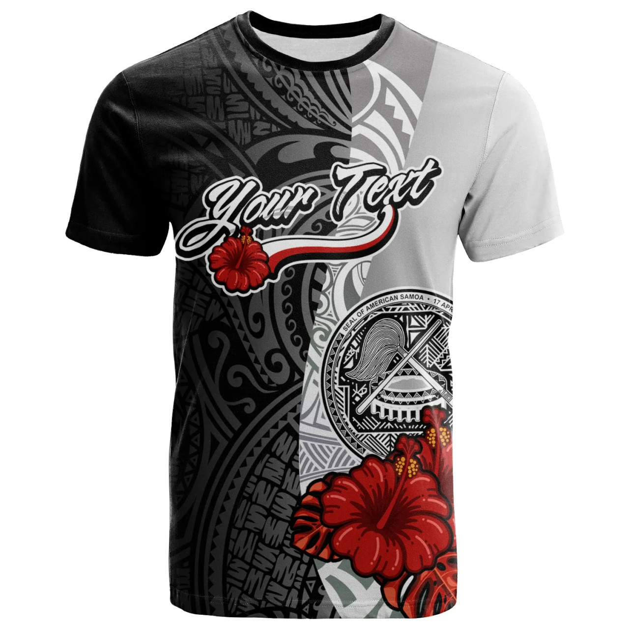 American Samoa Polynesian Custom Personalised T-shirt - Arm With Hibiscus White 1