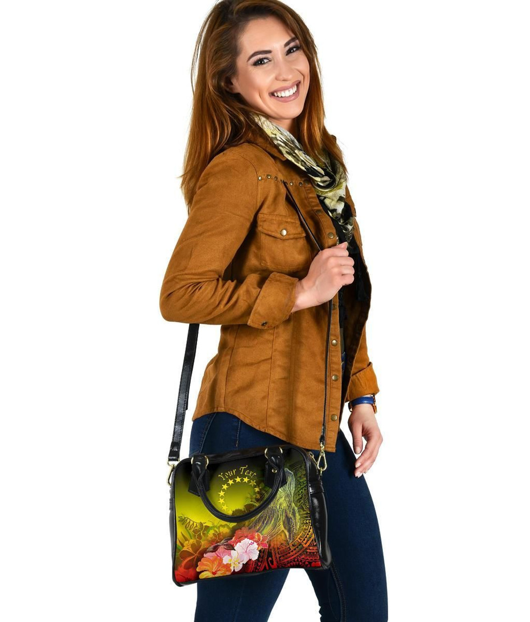 Cook Islands Custom Personalised Shoulder Handbags - Humpback Whale With Tropical Flowers (Yellow) 5