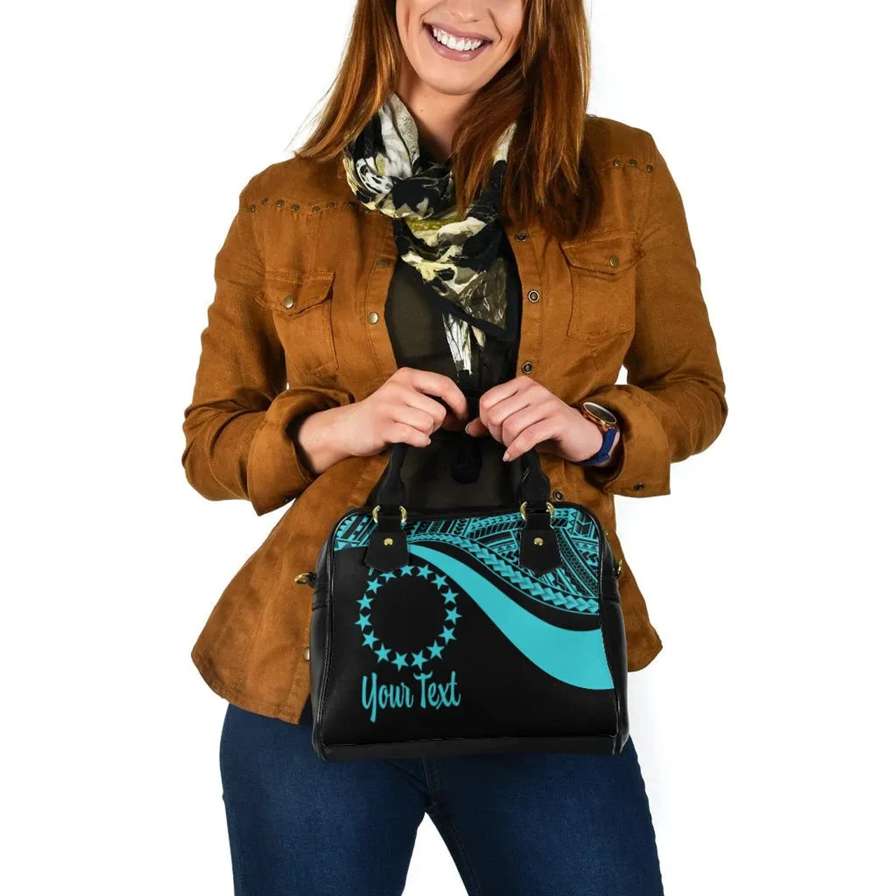 Cook Islands Custom Personalised Shoulder Handbag - Turquoise Polynesian Tentacle Tribal Pattern 4