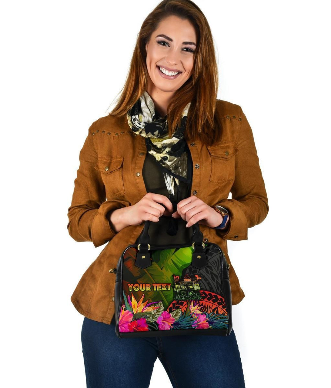 Fiji Polynesian Personalised Shoulder Handbag - Hibiscus And Banana Leaves 4