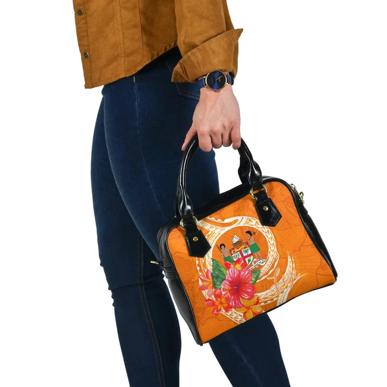 Fiji Polynesian Shoulder Handbag - Orange Floral With Seal 8