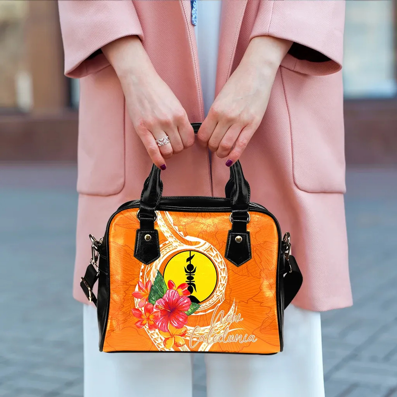 New Caledonia Polynesian Shoulder Handbag - Orange Floral With Seal 10