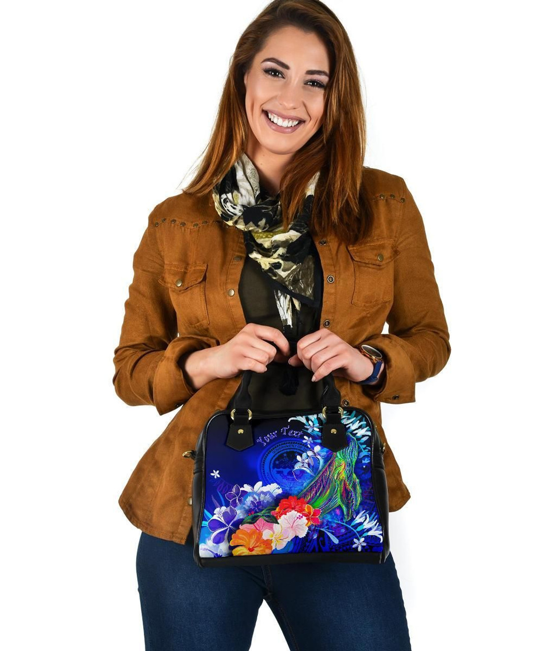 Federated States Of Micronesia Custom Personalised Shoulder Handbag - Humpback Whale With Tropical Flowers (Blue) 4
