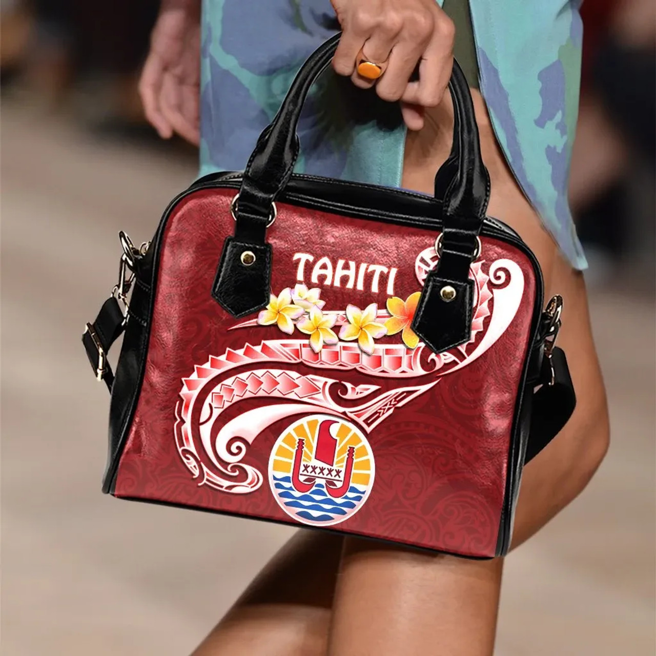 Tahiti Shoulder Handbag - Tahiti Seal Polynesian Patterns Plumeria 1