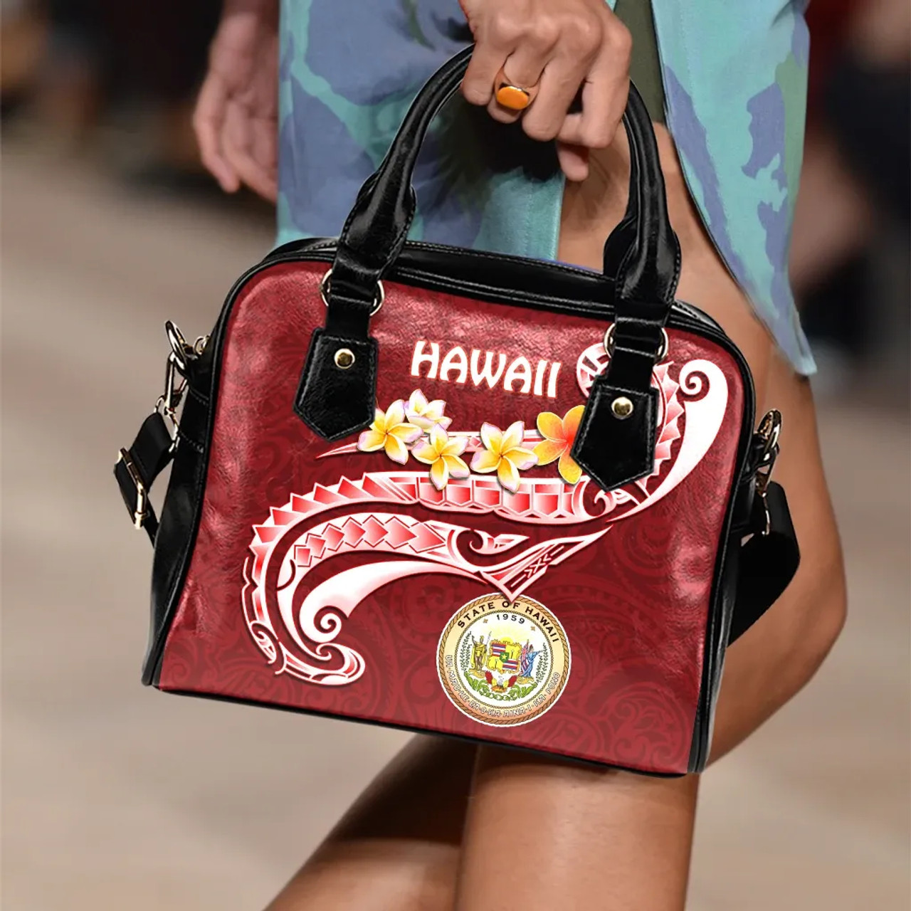Hawaii Shoulder Handbag - Hawaii Seal Polynesian Patterns Plumeria 1