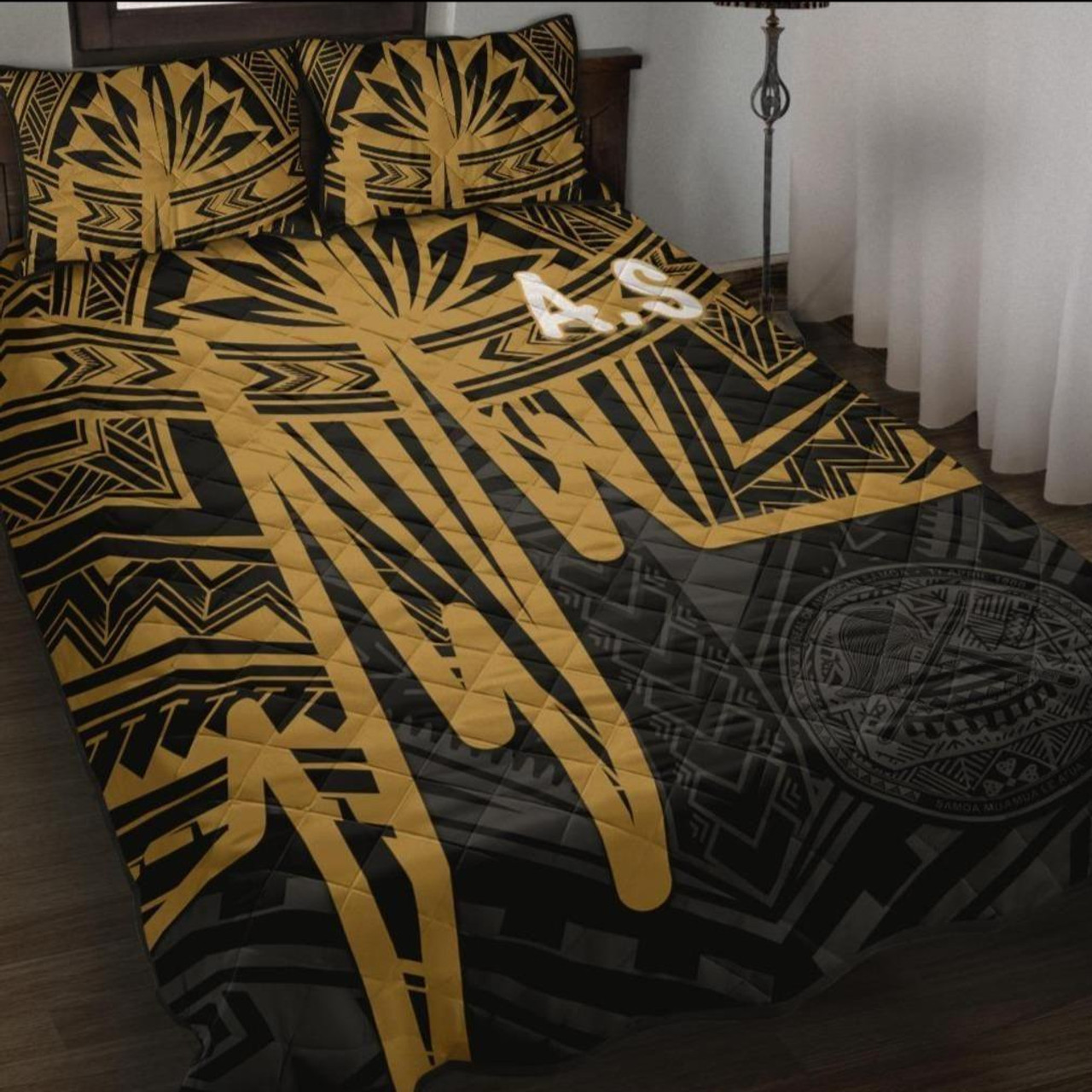 American Samoa Quilt Bed Set - Seal With Polynesian Pattern Heartbeat Style (Gold) 1