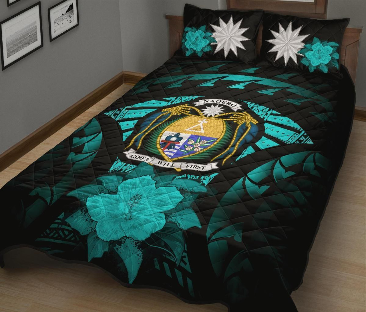 Nauru Polynesian Quilt Bed Set Hibiscus Turquoise 2
