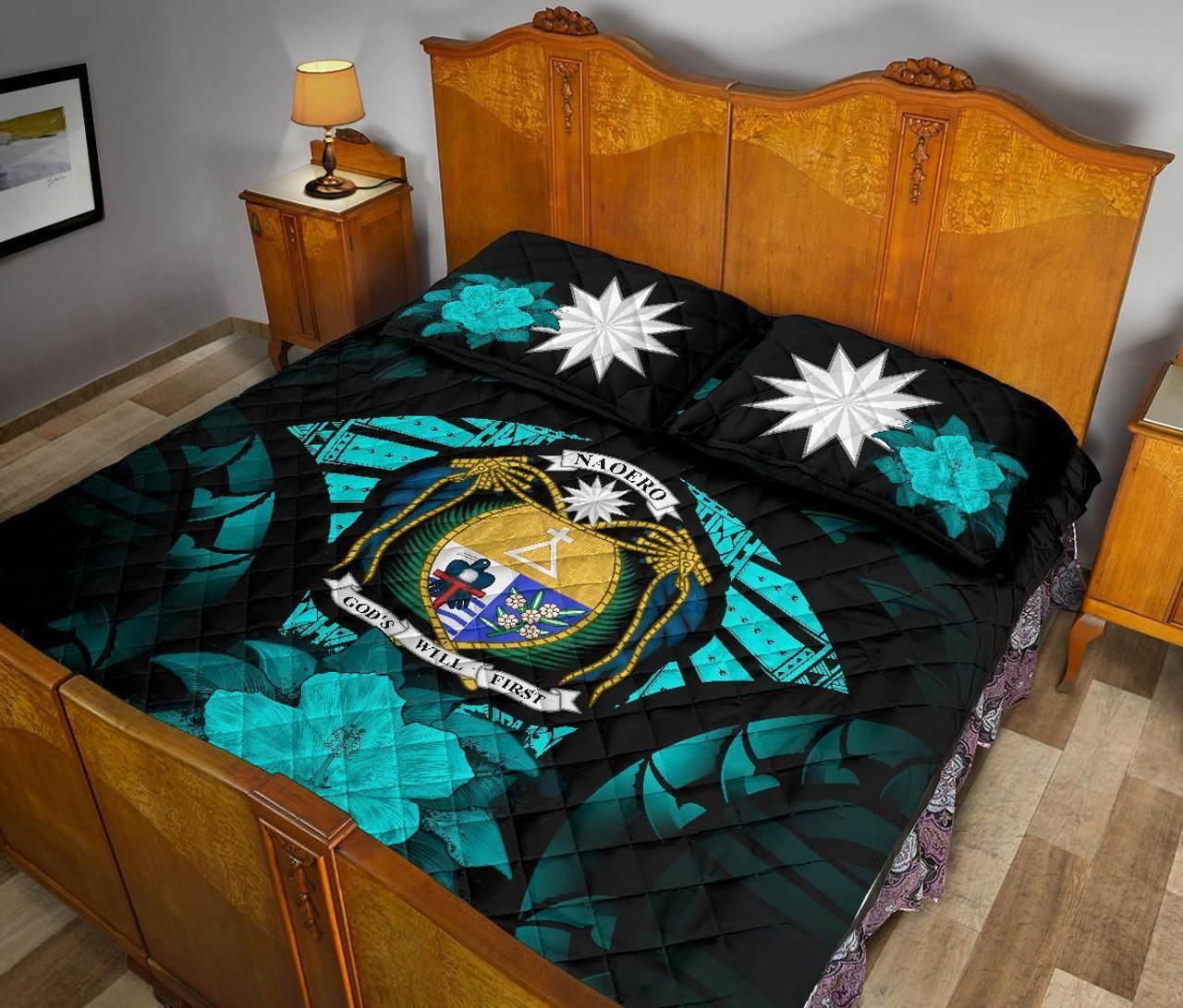 Nauru Polynesian Quilt Bed Set Hibiscus Turquoise 4