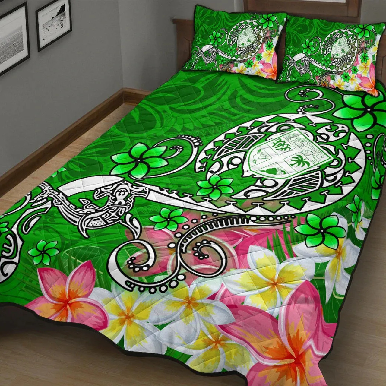 Fiji Quilt Bed Set - Turtle Plumeria (Green) 3