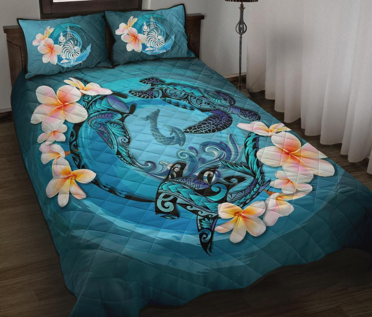 New Caledonia Polynesian Quilt Bed Set - Blue Plumeria Animal Tattoo 1
