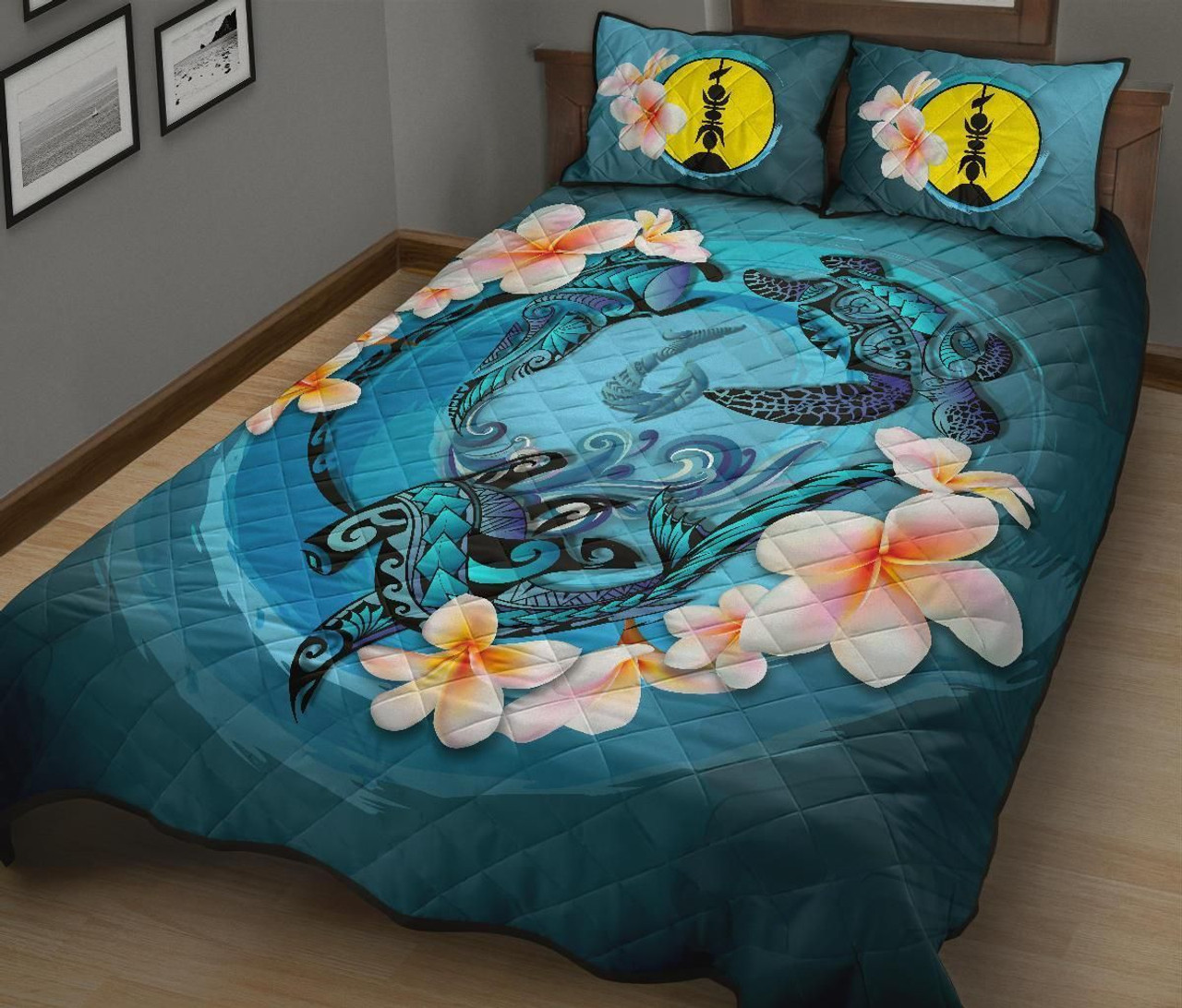 New Caledonia Polynesian Quilt Bed Set - Blue Plumeria Animal Tattoo 2