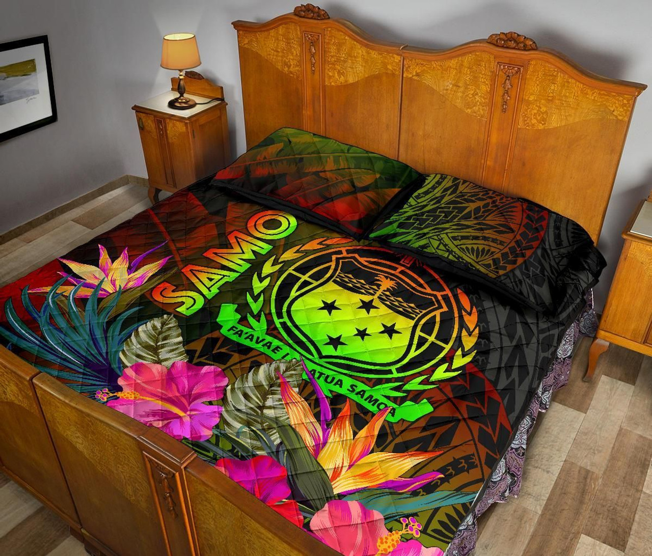 Samoa Polynesian Quilt Bed Set - Hibiscus and Banana Leaves 4