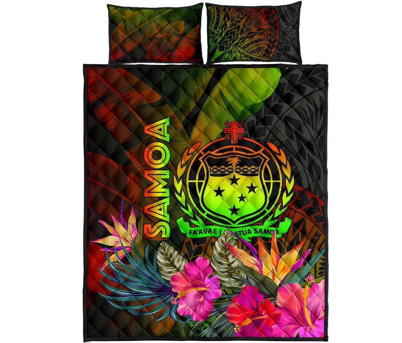 Samoa Polynesian Quilt Bed Set - Hibiscus and Banana Leaves 5