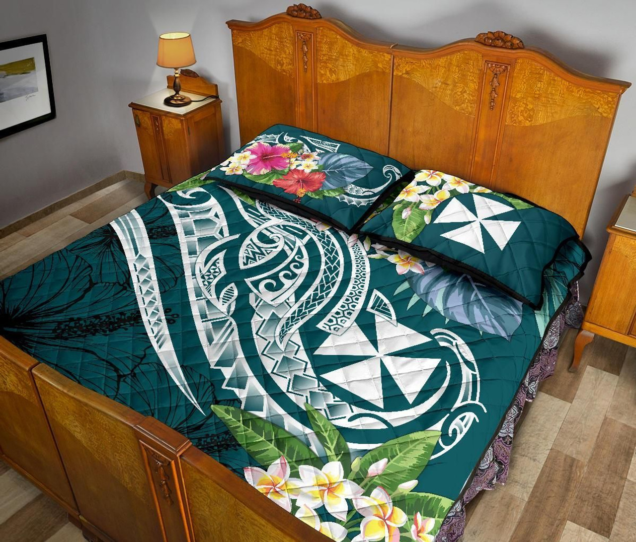 Wallis and Futuna Polynesian Quilt Bed Set - Summer Plumeria (Turquoise) 4