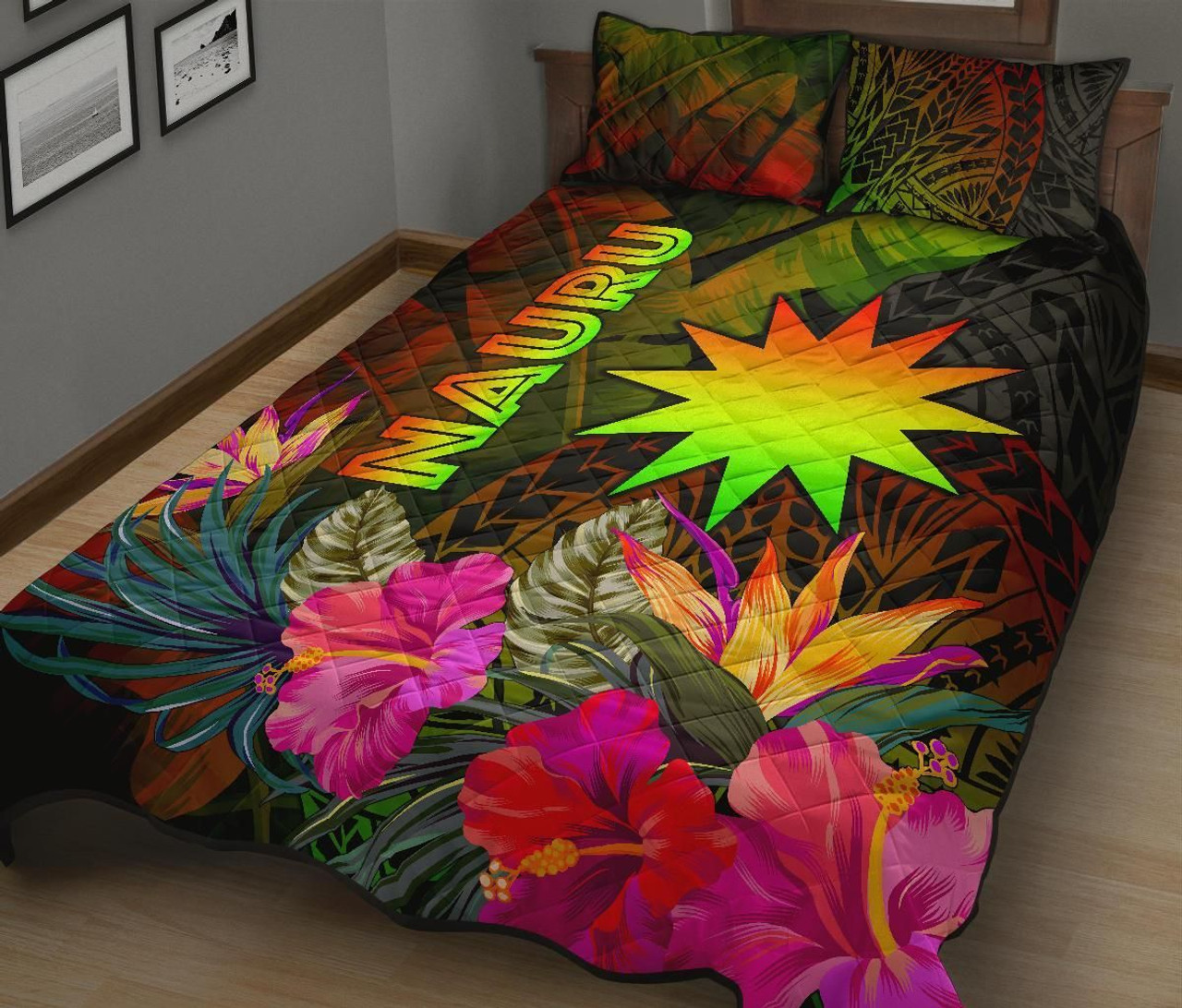 Nauru Polynesian Quilt Bed Set - Hibiscus and Banana Leaves 2