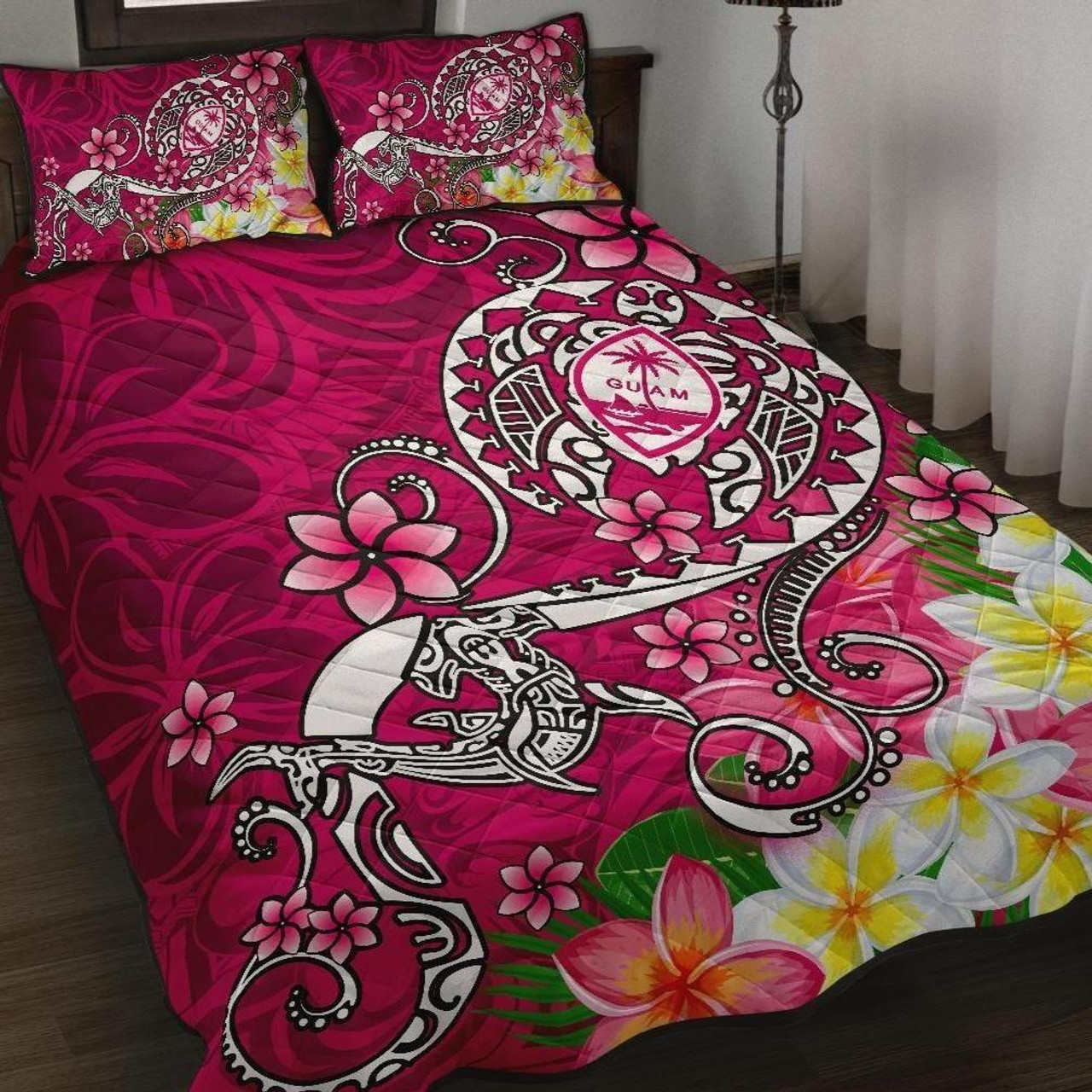 Guam Quilt Bed Set - Turtle Plumeria (Pink) 1