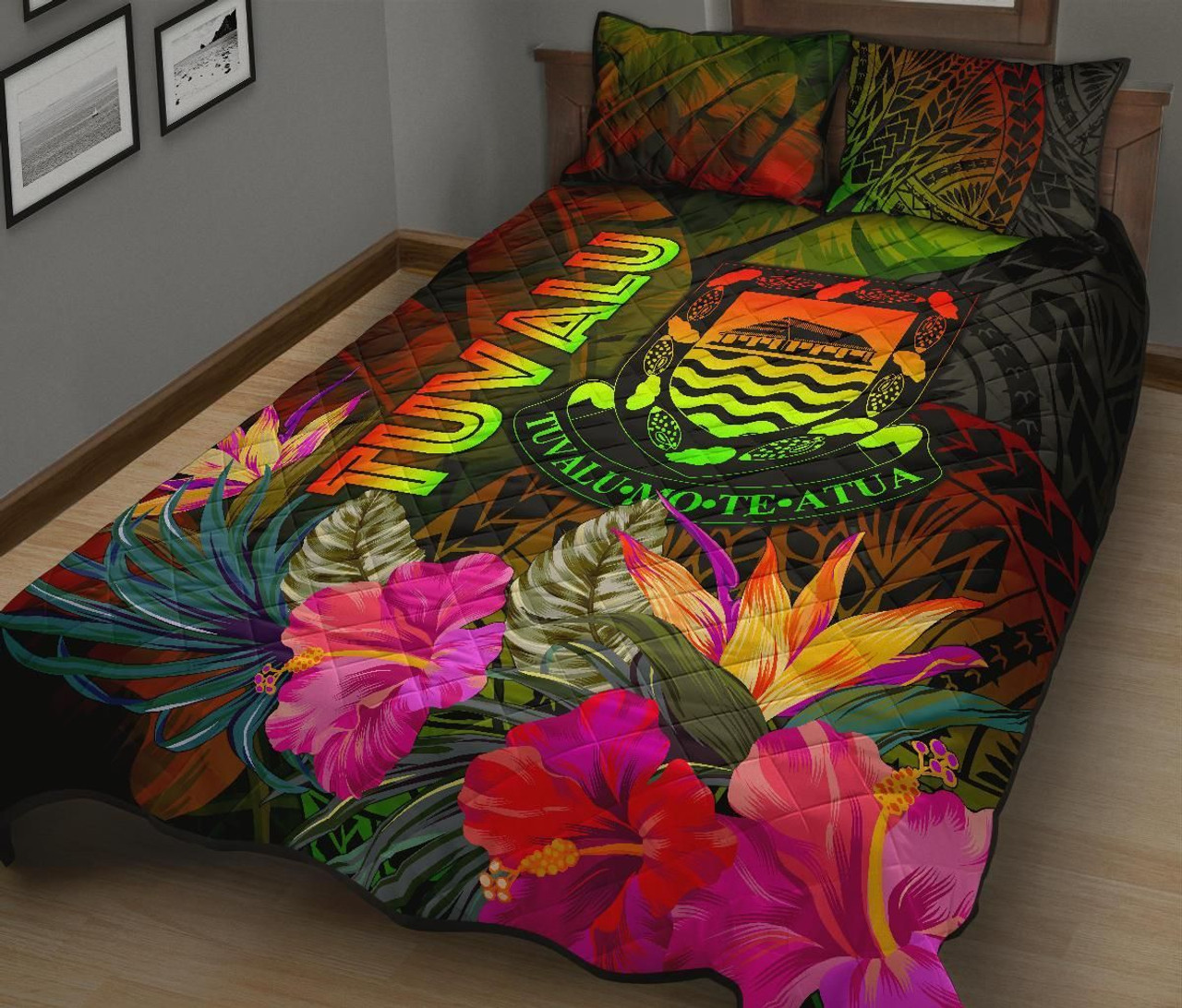 Tuvalu Polynesian Quilt Bed Set - Hibiscus and Banana Leaves 2