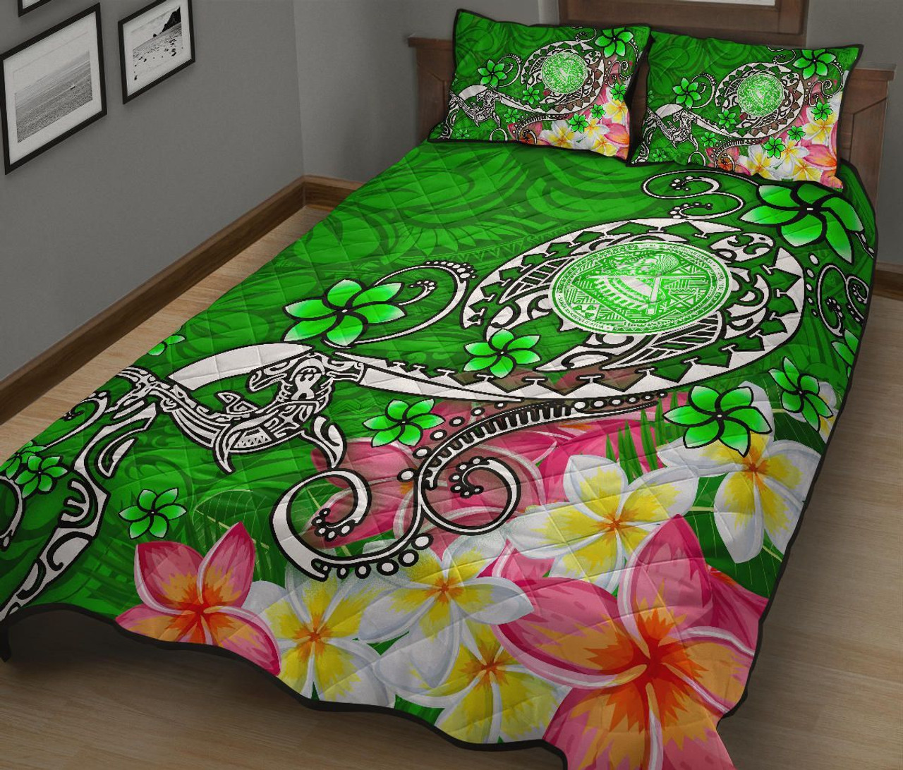American Samoa Polynesian Quilt Bed Set - Turtle Plumeria (Green) 2