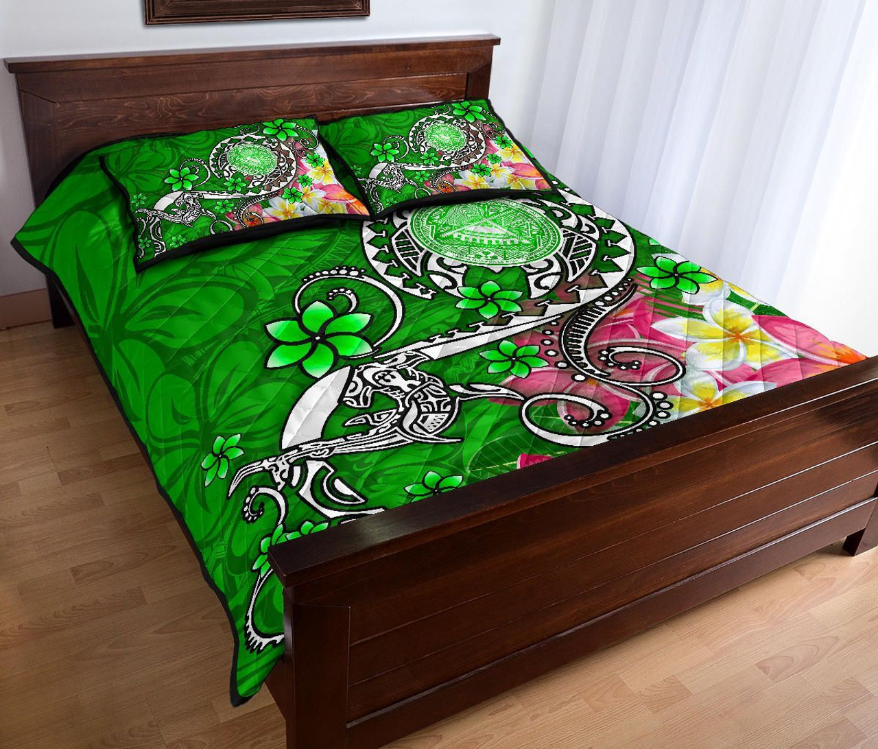 American Samoa Polynesian Quilt Bed Set - Turtle Plumeria (Green) 3