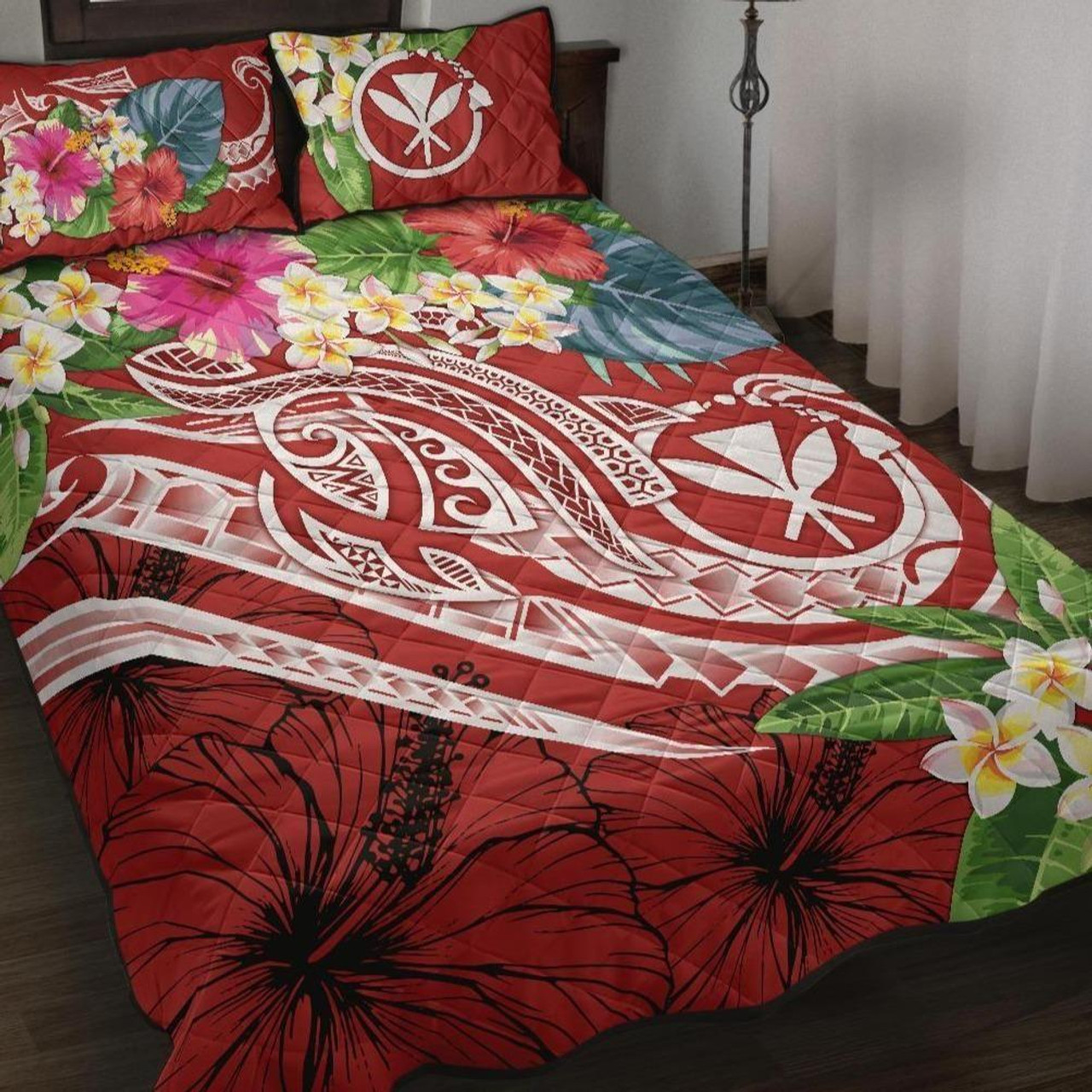 Polynesian Hawaii Kanaka Maoli Quilt Bed Set - Summer Plumeria (Red) 1