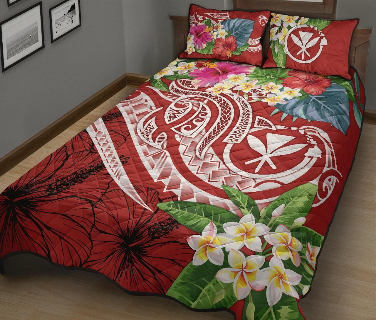 Polynesian Hawaii Kanaka Maoli Quilt Bed Set - Summer Plumeria (Red) 2