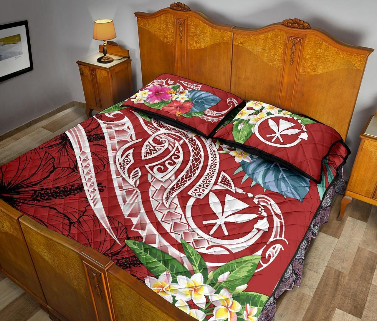 Polynesian Hawaii Kanaka Maoli Quilt Bed Set - Summer Plumeria (Red) 4