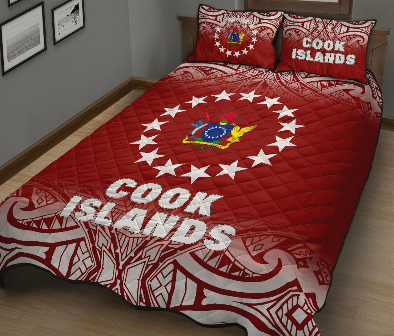 Cook Islands Quilt Bed Set - Cook Islands Flag Coat Of Arms Polynesian Tattoo Red Fog Style 3