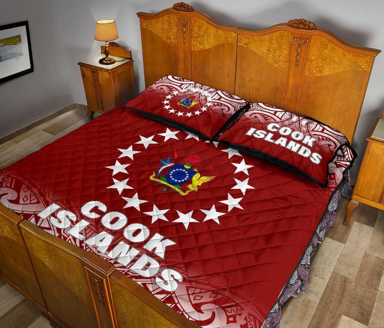 Cook Islands Quilt Bed Set - Cook Islands Flag Coat Of Arms Polynesian Tattoo Red Fog Style 5