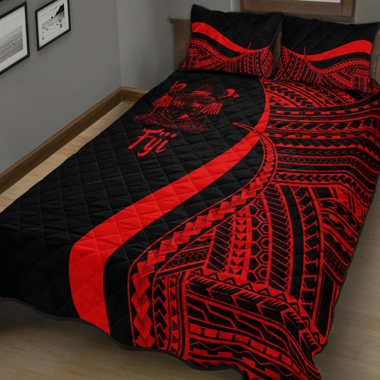 Fiji Quilt Bet Set - Red Polynesian Tentacle Tribal Pattern Crest 2