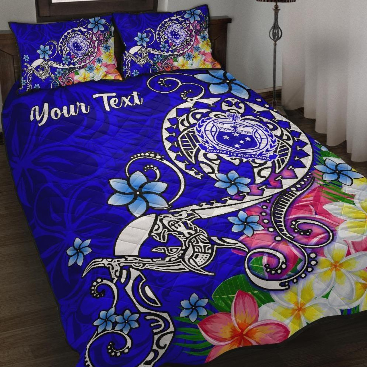 Samoa Custom Personalised Quilt Bed Set - Turtle Plumeria (Blue) 1