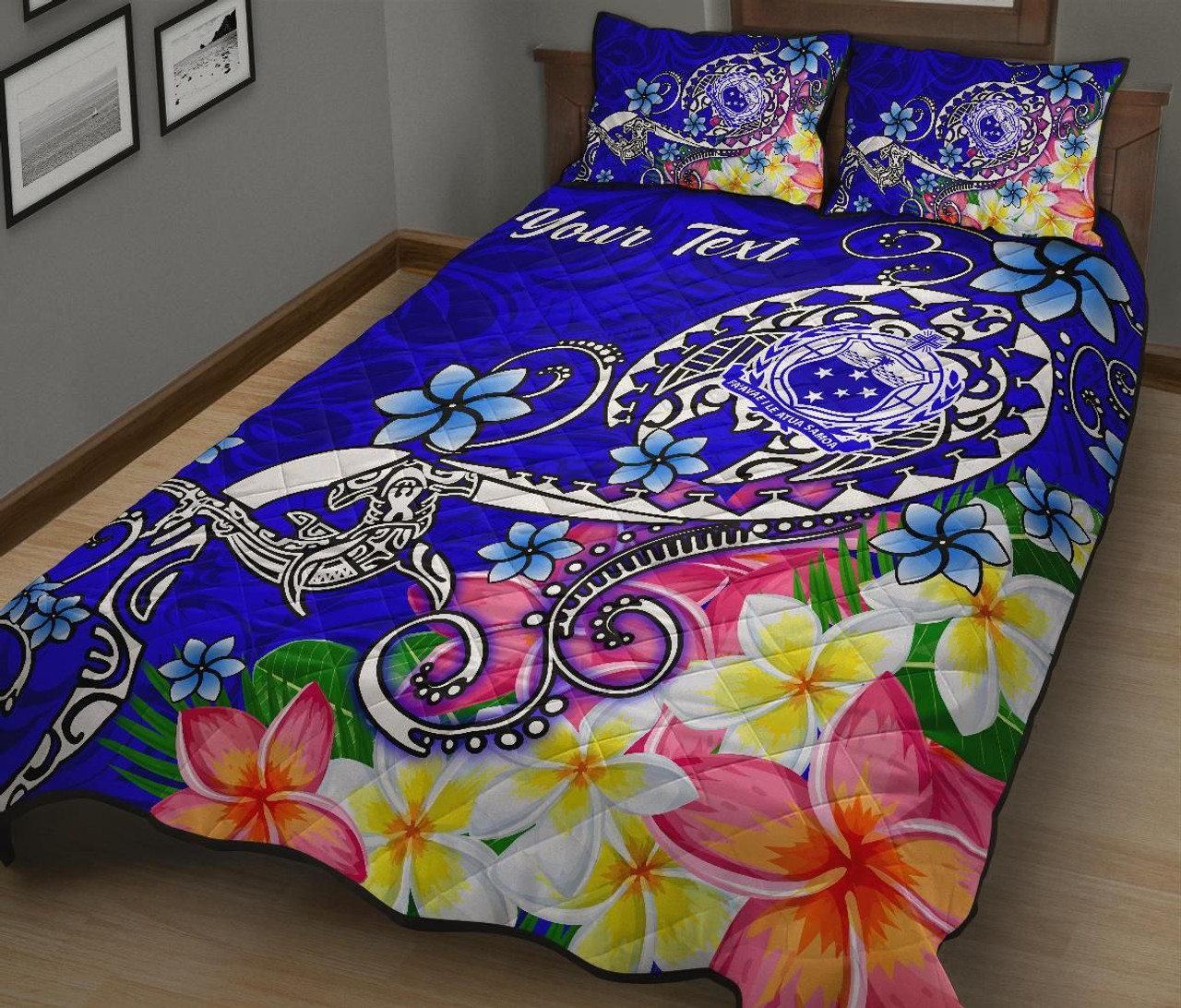 Samoa Custom Personalised Quilt Bed Set - Turtle Plumeria (Blue) 2