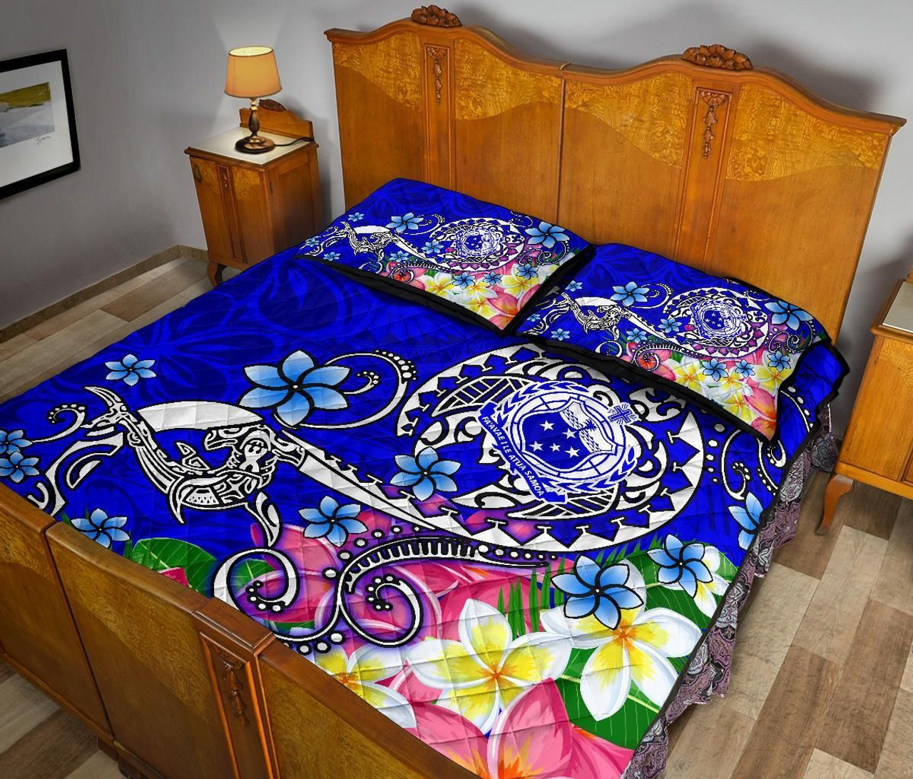 Samoa Custom Personalised Quilt Bed Set - Turtle Plumeria (Blue) 4