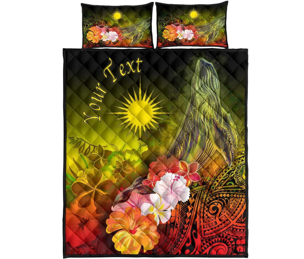 Marshall Islands Custom Personalised Quilt Bed Set - Humpback Whale with Tropical Flowers (Yellow) 5