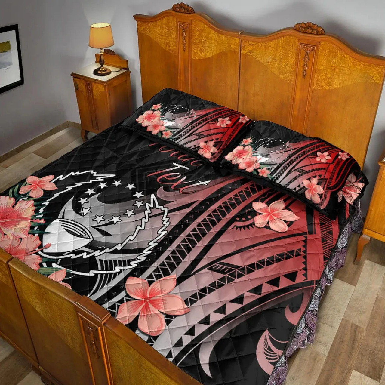 Pohnpei Personalised Custom Quilt Bed Set - Red Polynesian Hibiscus Pattern Style 4