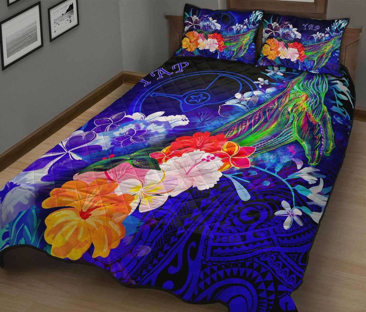 Yap Quilt Bed Set - Humpback Whale with Tropical Flowers (Blue) 2