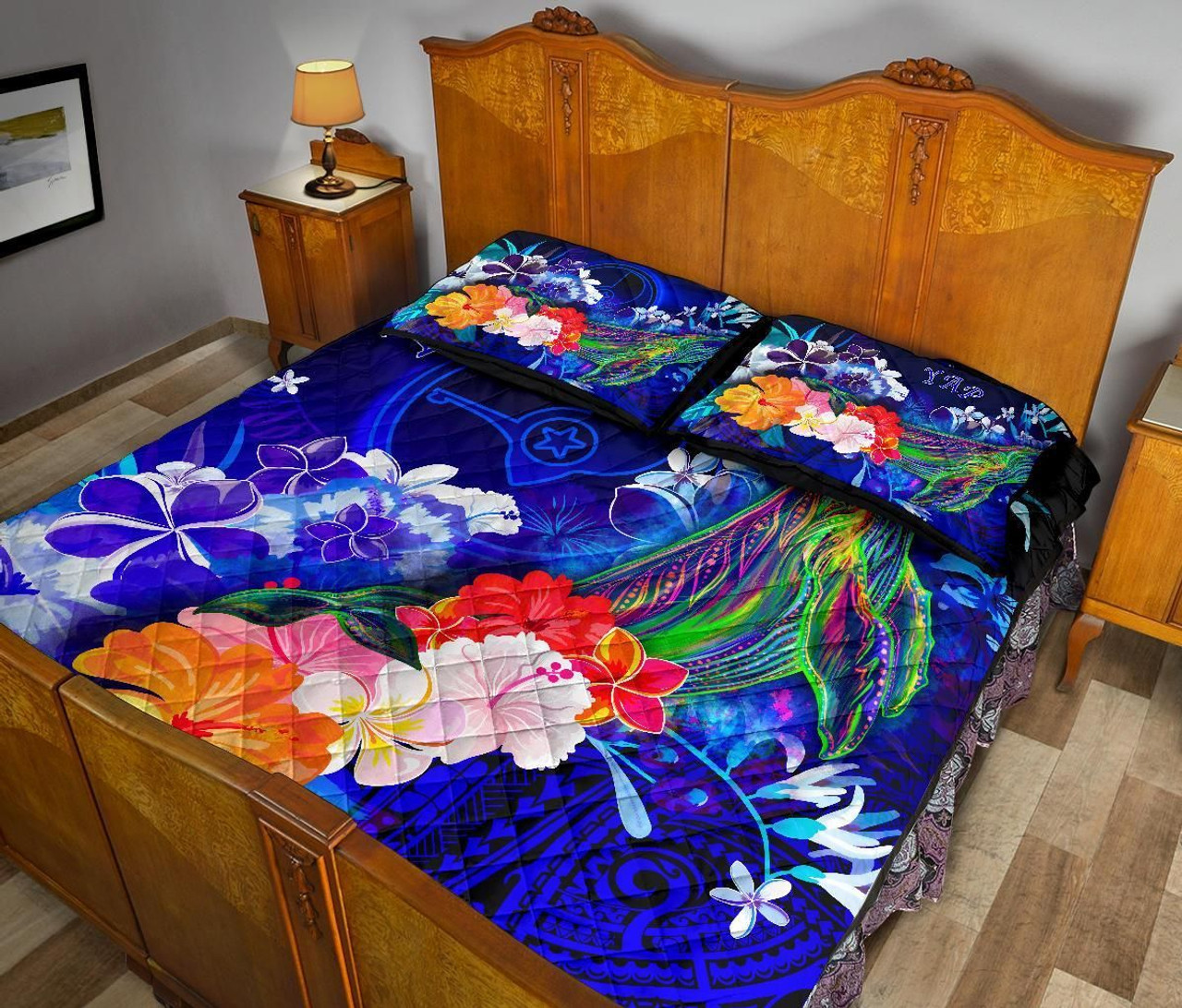 Yap Quilt Bed Set - Humpback Whale with Tropical Flowers (Blue) 4