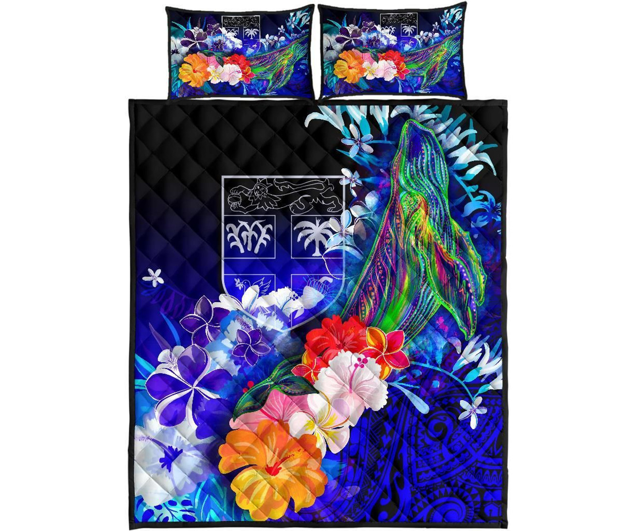 Fiji Quilt Bed Set - Humpback Whale with Tropical Flowers (Blue) 5