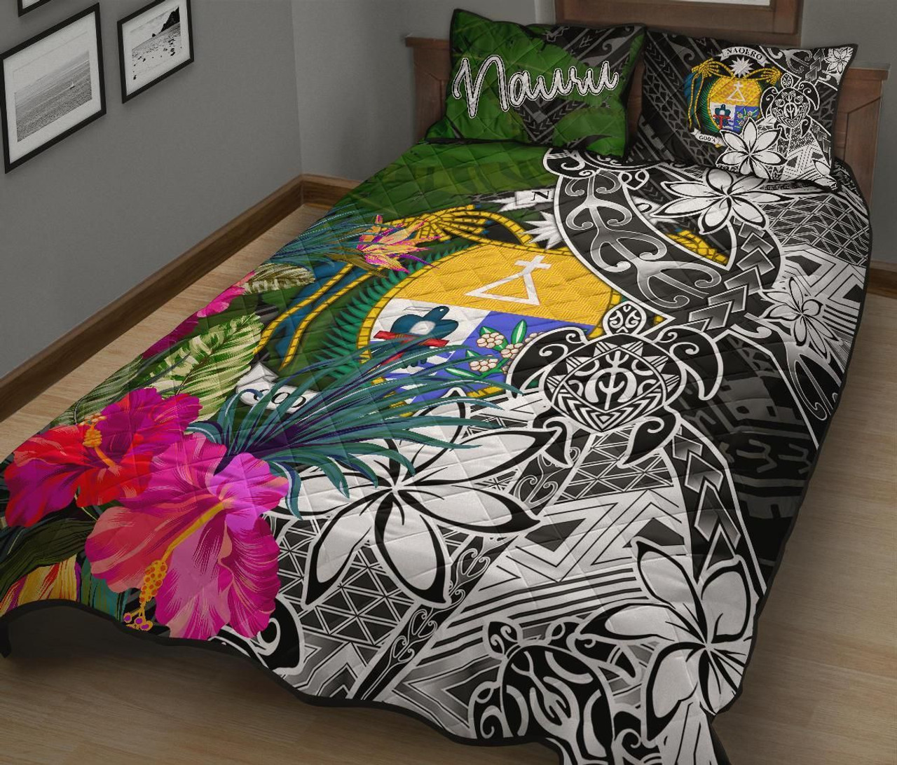 Nauru Quilt Bed Set - Turtle Plumeria Banana Leaf Crest 2