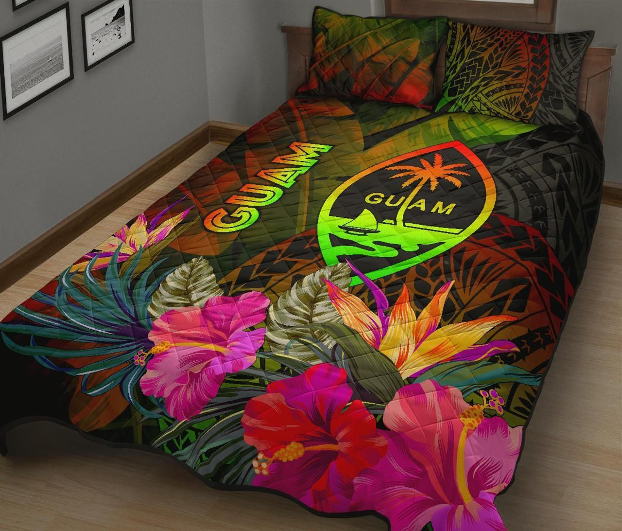 Guam Polynesian Quilt Bed Set - Hibiscus and Banana Leaves 2