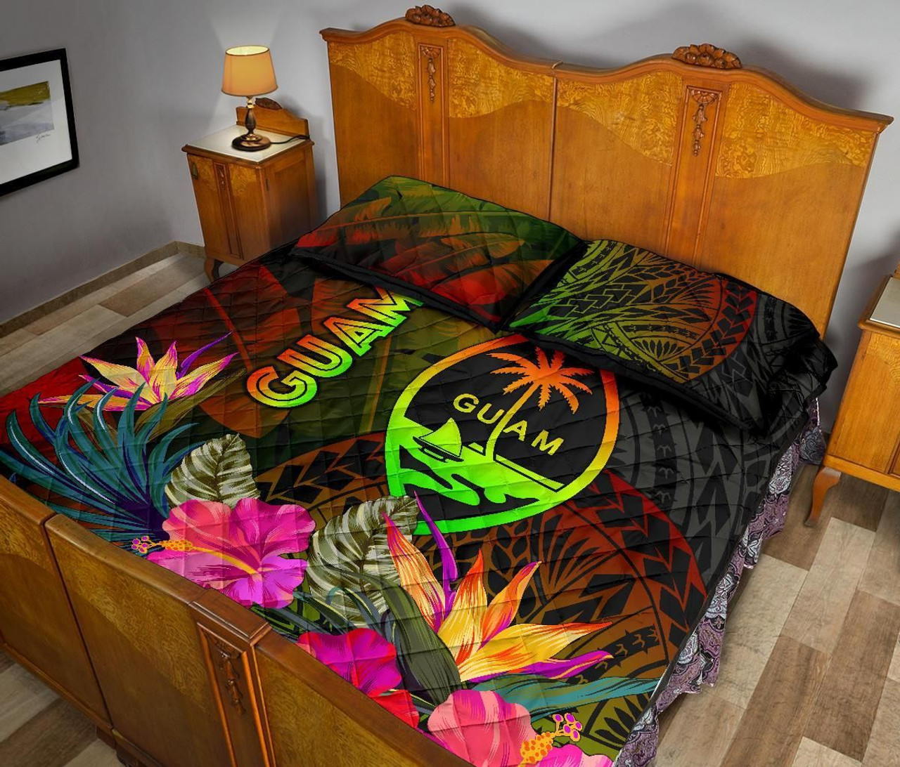 Guam Polynesian Quilt Bed Set - Hibiscus and Banana Leaves 4