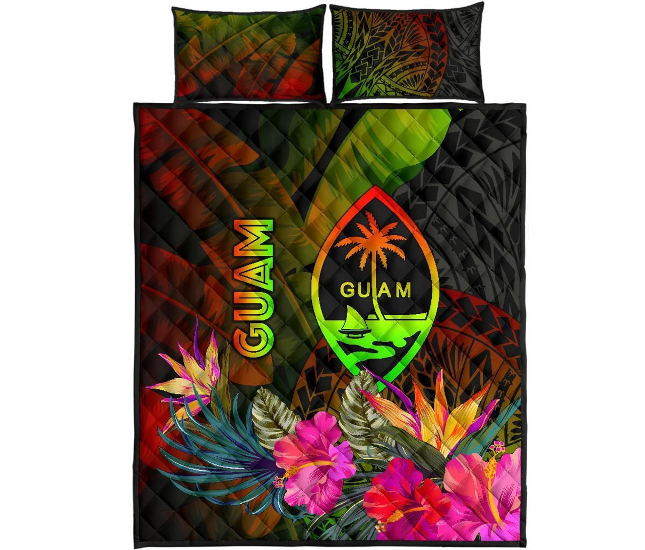 Guam Polynesian Quilt Bed Set - Hibiscus and Banana Leaves 5