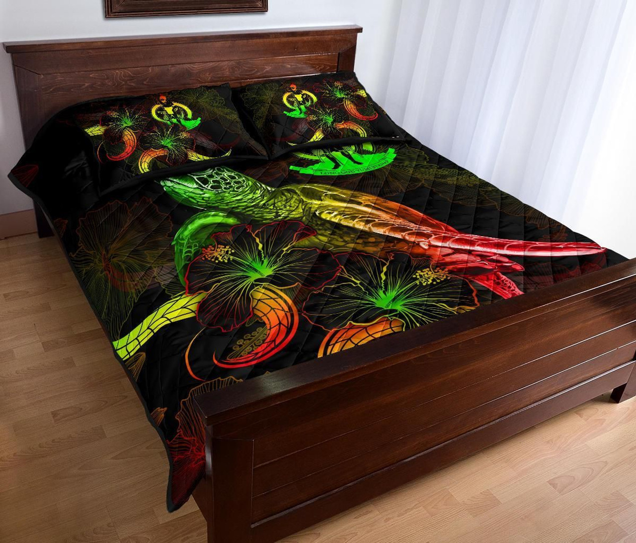 Vanuatu Polynesian Quilt Bed Set - Turtle With Blooming Hibiscus Reggae 3