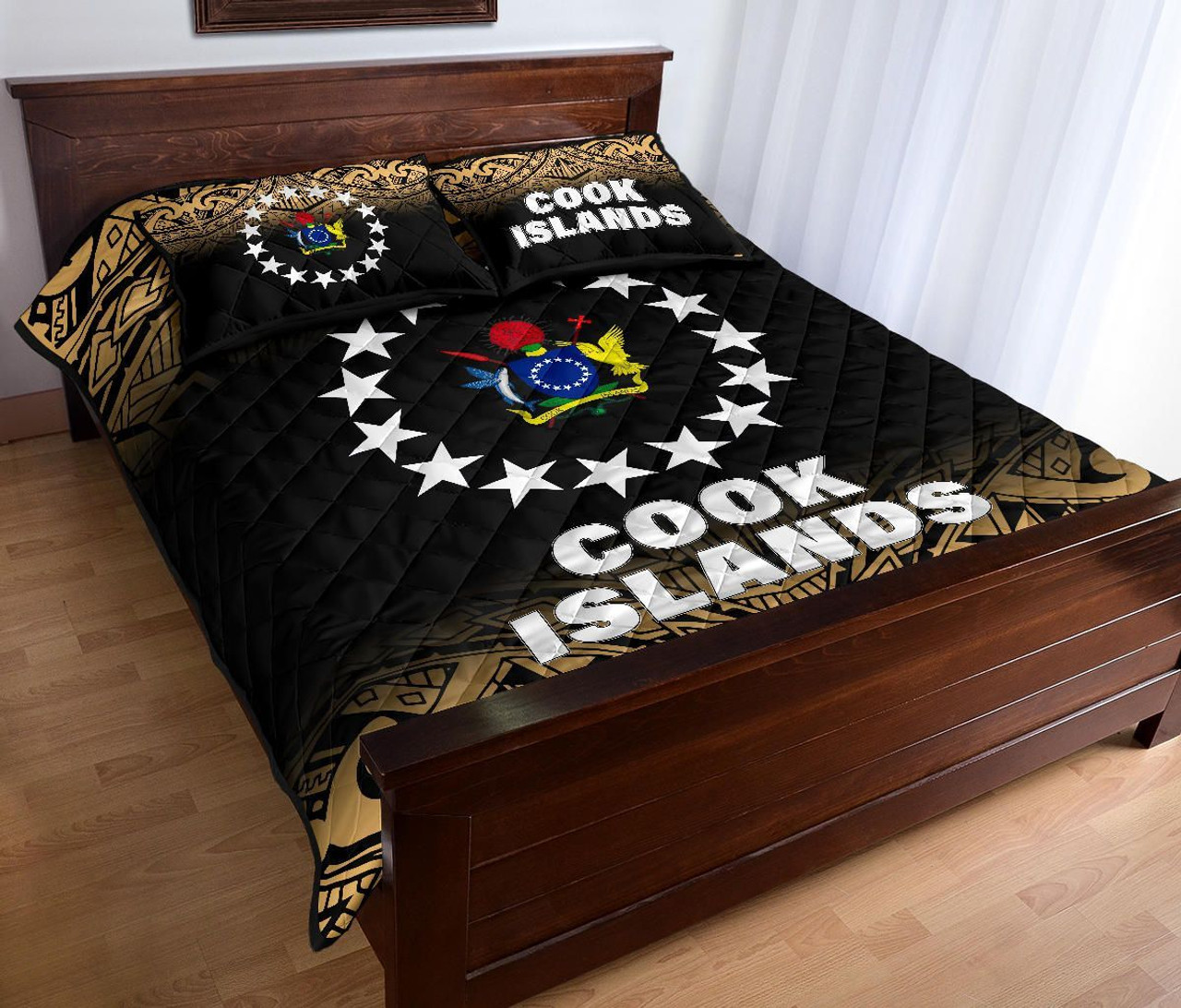 Cook Islands Quilt Bed Set - Cook Islands Flag Coat Of Arms Polynesian Tattoo Black Fog Style 4